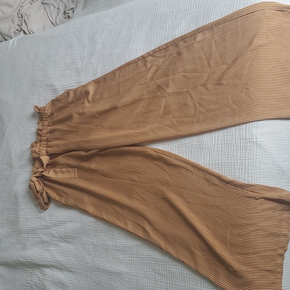 High Waisted Mustard Yellow Vertical Striped Trousers with Pockets M